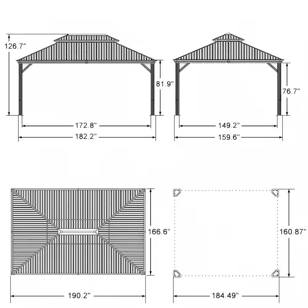 14 Ft. X 16 Ft. Gray Patio Outdoor Gazebo for Backyard Hardtop Aluminum Frame with Hooks, Netting, Curtain 36-Lights
