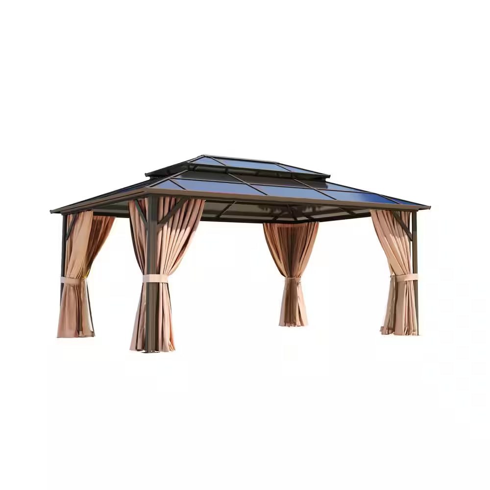 16 Ft. X 12 Ft. Polycarbonate Double Roof Patio Gazebo with Ceiling Hook, Mosquito Nets and Curtains