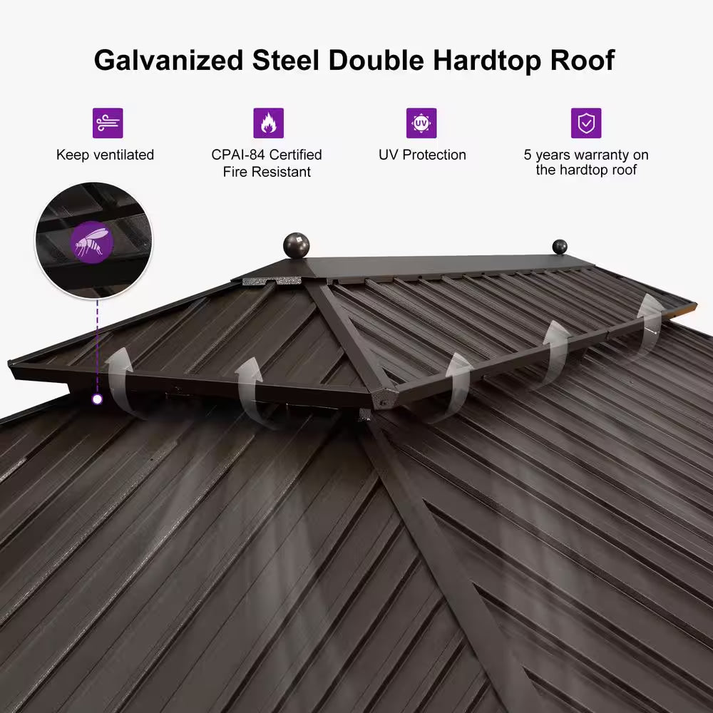 11 Ft.X 13 Ft.Bronze Aluminum Power-Coated Frame Galvanized Steel Double Roof Hardtop Gazebo,Hooks,Netting,Khaki Curtain