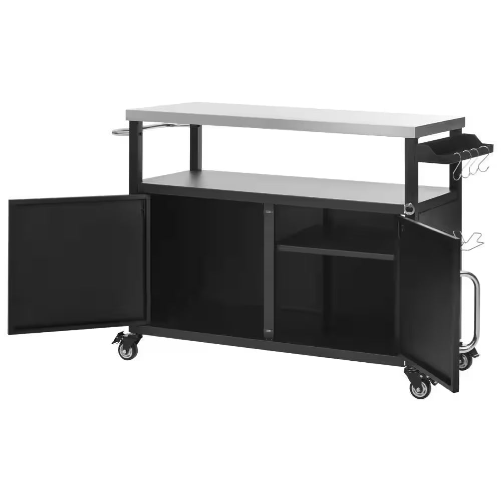 W54. 5" Metal Outdoor Bar Grill Cart with Storage Cabinet & Spice Rack & Towel Rack