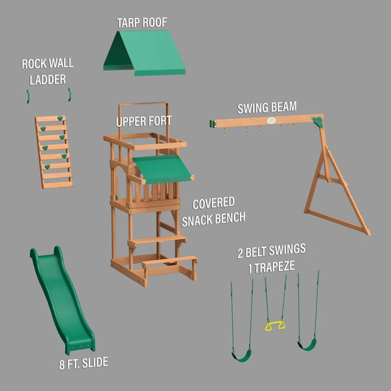 Belmont Cedar Wood Swing Set with Wave Slide, Play Deck, Rock Wall Ladder, and Snack Bar Window