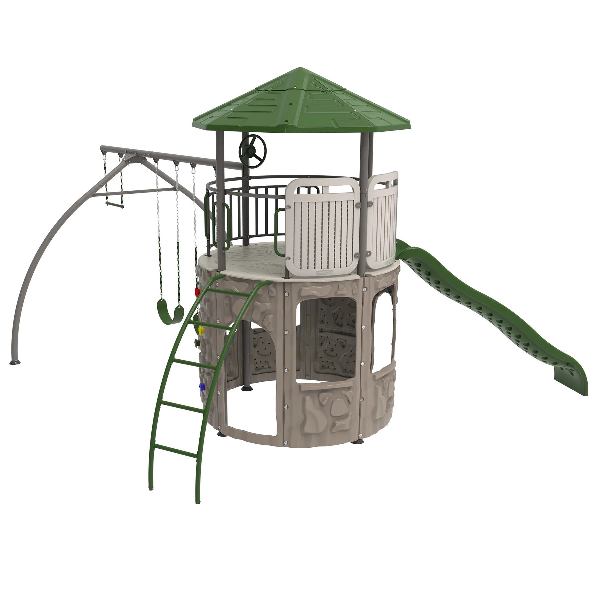 Kid'S Adventure Tower Swing Set with Slide and Climbing Wall - Green(290633)