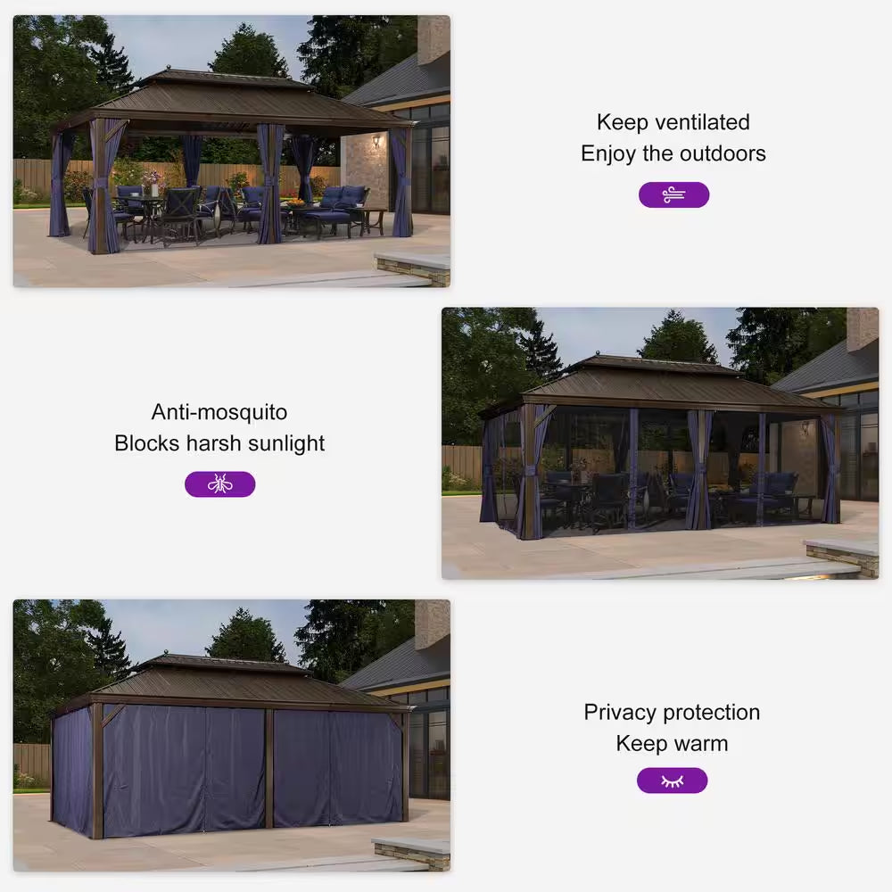 12 Ft.X 20 Ft.Bronze Aluminum Power-Coated Frame Galvanized Steel Double Roof Hardtop Gazebo,Hooks, Netting,Blue Curtain