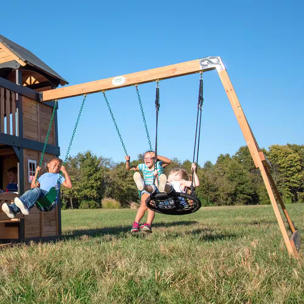 Canyon Creek Outdoor Kid'S Playground Set W/ Rockwall, Upper Fort, Swing Set, Green Wave Slide, and Playset Kitchen