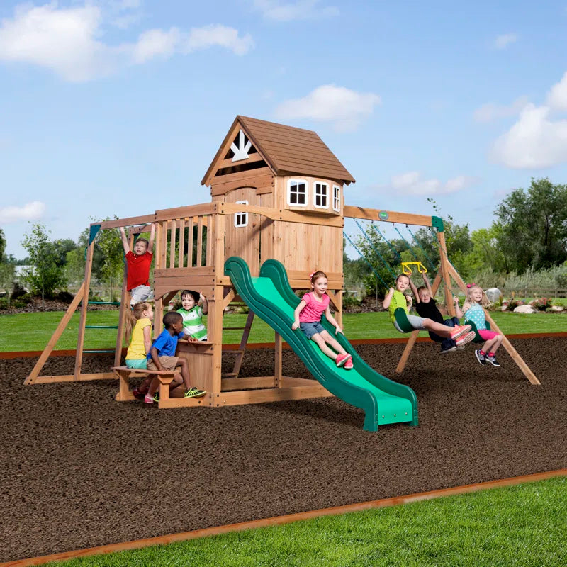 Montpelier Cedar Wood Swing Set with Wave Slide, Clubhouse, Monkey Bars, and Picnic Area