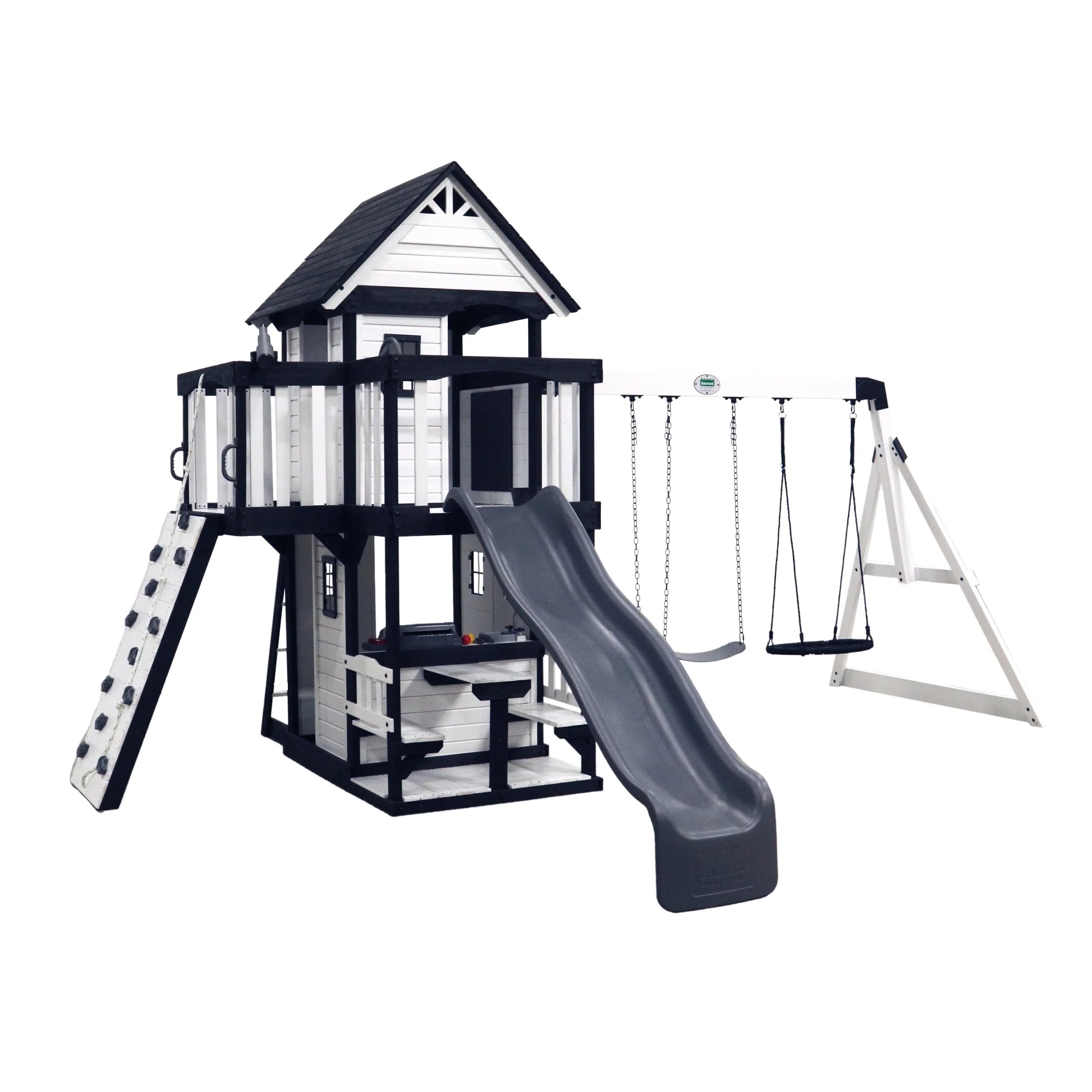 Canyon Creek White Cedar Wood Swing Set, Slide, Clubhouse, Rock Wall