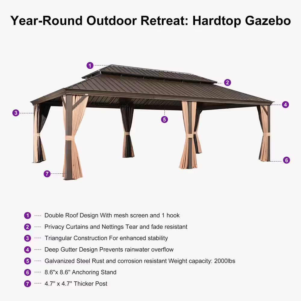13 Ft.X 20 Ft.Bronze Patio Outdoor Gazebo for Backyard Hardtop Aluminum Frame with Hooks,Netting,Khaki Curtain,36 Lights