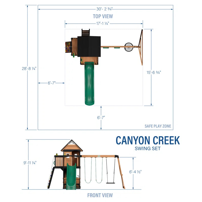 Canyon Creek Cedar Wood Swing Set with Wave Slide, Clubhouse, Rock Wall, and Play Kitchen