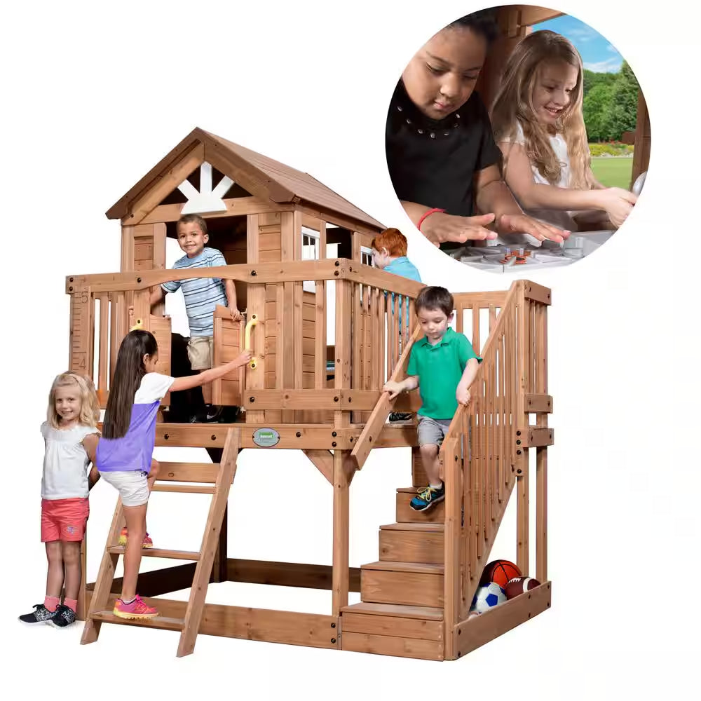 Scenic Heights Indoor Outdoor All Cedar Wooden Elevated Kids Playhouse W/ Clubhouse, Ladder, Staircase, and Play Kitchen