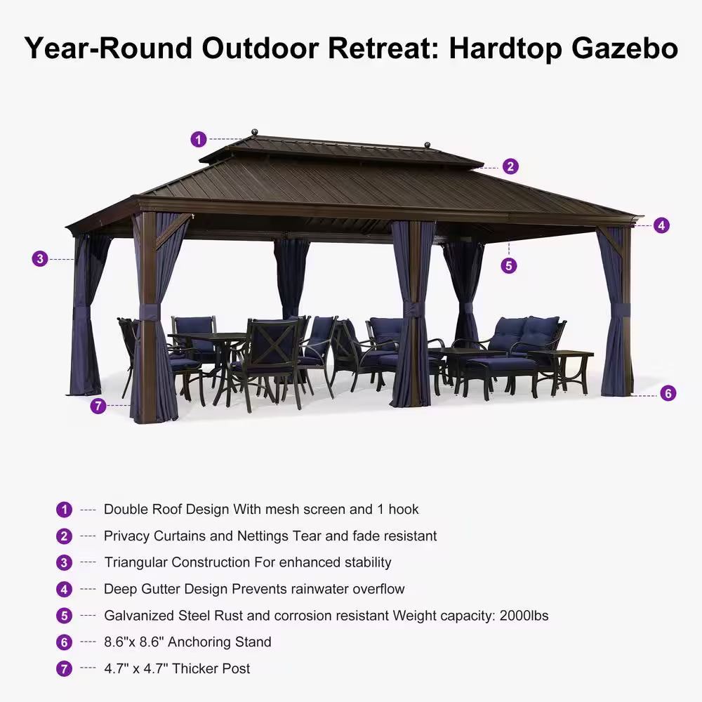 12 Ft.X 20 Ft.Bronze Patio Outdoor Gazebo for Backyard Hardtop Aluminum Frame with Hooks,Netting ,Blue Curtain,36-Lights