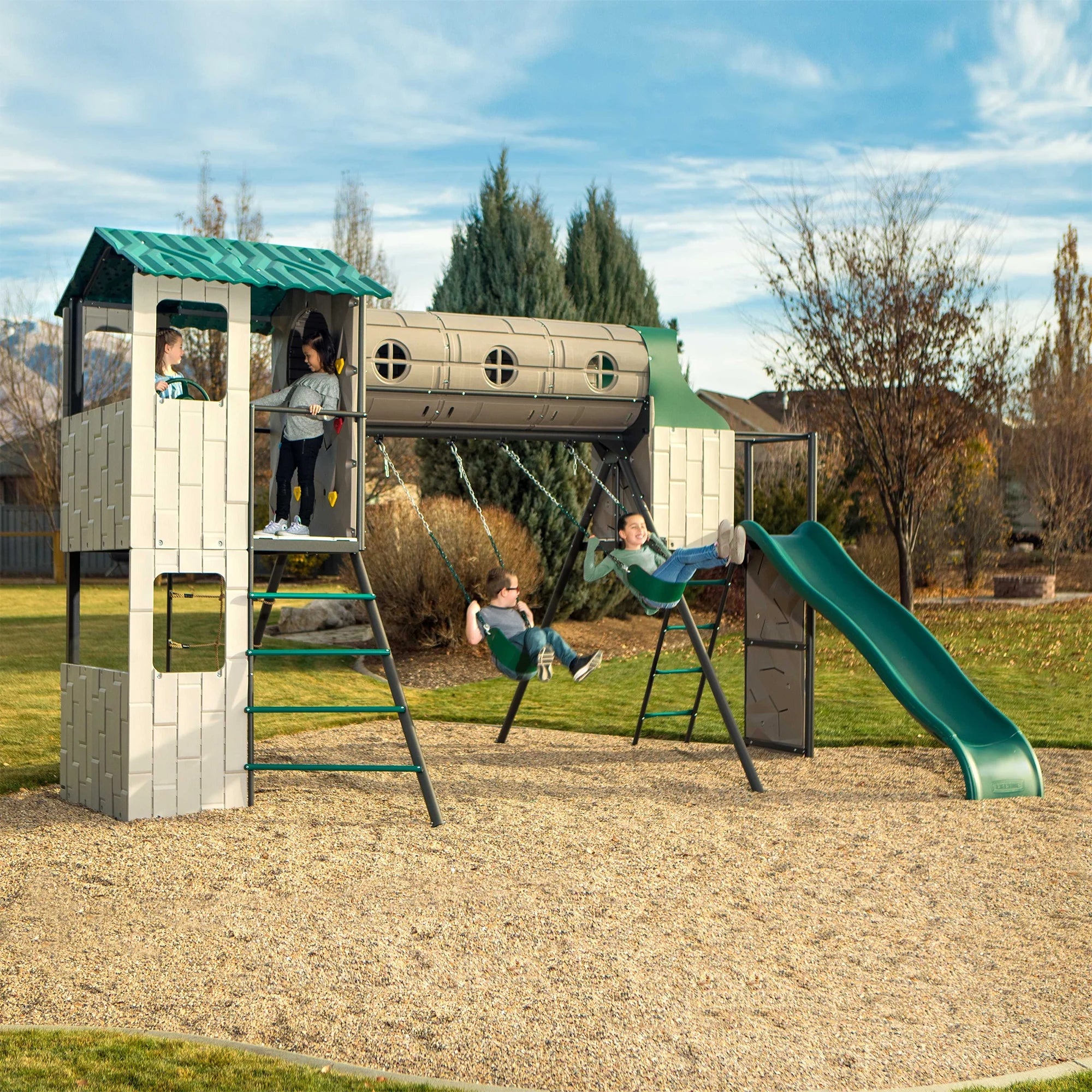 Kid'S Adventure Tunnel Swing Set with Clubhouse, Belt Swings and Climbing Wall (91134)