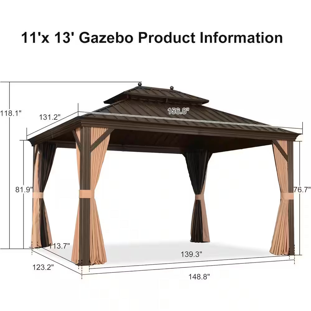 11 Ft.X 13 Ft.Bronze Aluminum Power-Coated Frame Galvanized Steel Double Roof Hardtop Gazebo,Hooks,Netting,Khaki Curtain