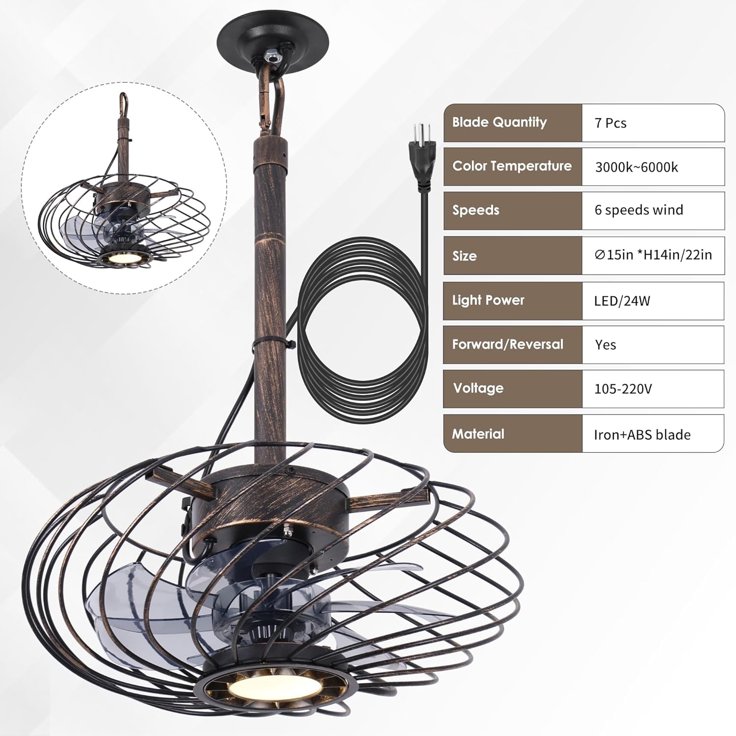 15" Outdoor Ceiling Fan with Light, Waterproof Gazebo Fan Remote Control, Dimmab