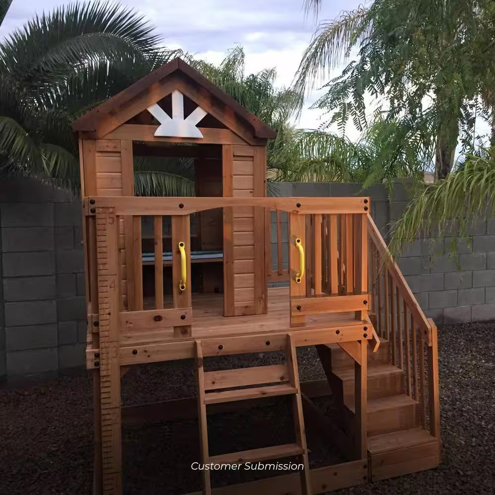 Scenic Heights Indoor Outdoor All Cedar Wooden Elevated Kids Playhouse W/ Clubhouse, Ladder, Staircase, and Play Kitchen