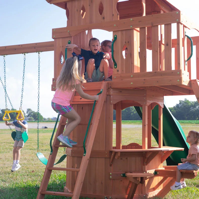 Woodland Cedar Wood Swing Set with Wave Slide, Clubhouse, Rock Wall, and Snack Bar Station