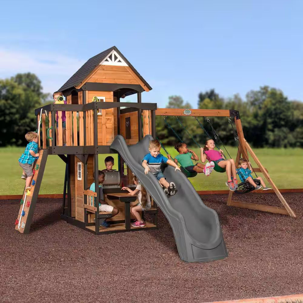 Canyon Creek Outdoor Kid'S Playground Set W/ Rockwall, Upper Fort, Swing Set, Gray Wave Slide, and Playset Kitchen