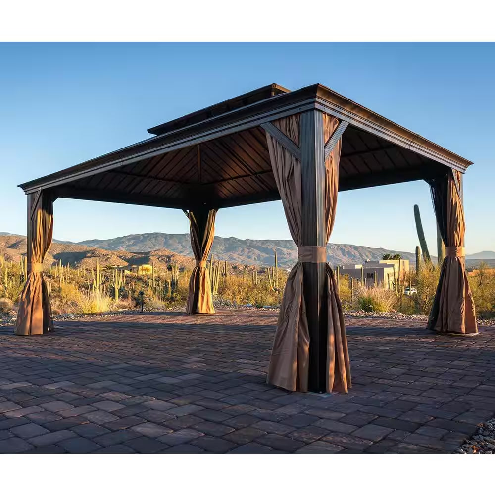 13 Ft.X 15 Ft.Bronze Aluminum Power-Coated Frame Galvanized Steel Double Roof Hardtop Gazebo,Hooks,Netting,Khaki Curtain