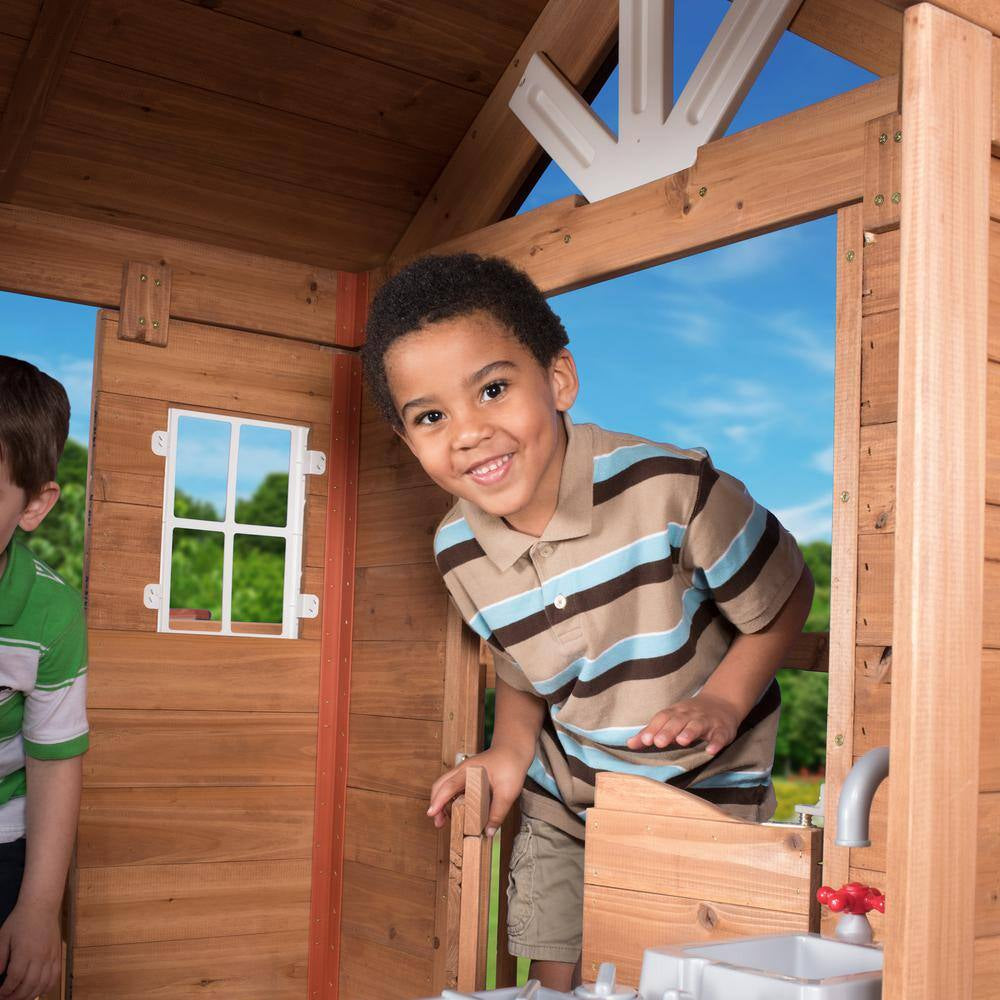 Scenic Heights Indoor Outdoor All Cedar Wooden Elevated Kids Playhouse W/ Clubhouse, Ladder, Staircase, and Play Kitchen