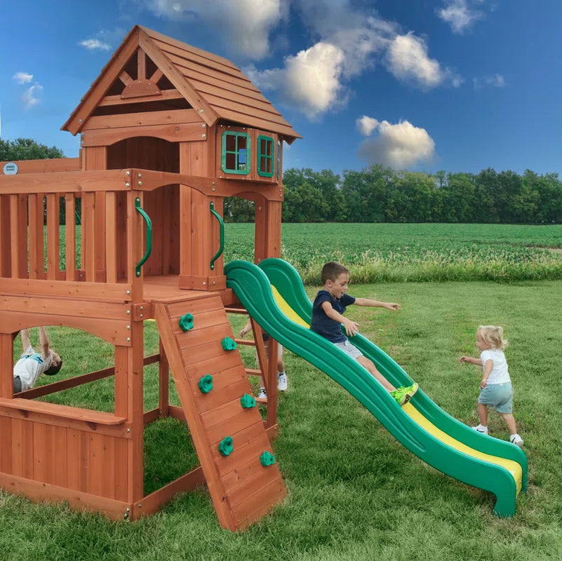 Atlantis Cedar Wood Swing Set with Wave Slide, Clubhouse, Rock Wall, and Sandbox Area