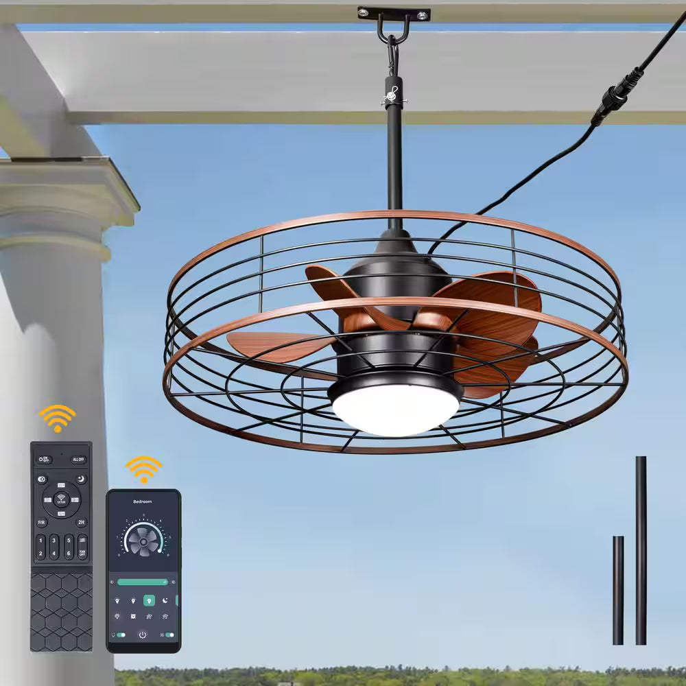 23 In. Smart Outdoor Black Waterproof Dimmable Ceiling Fan with Light and Remote