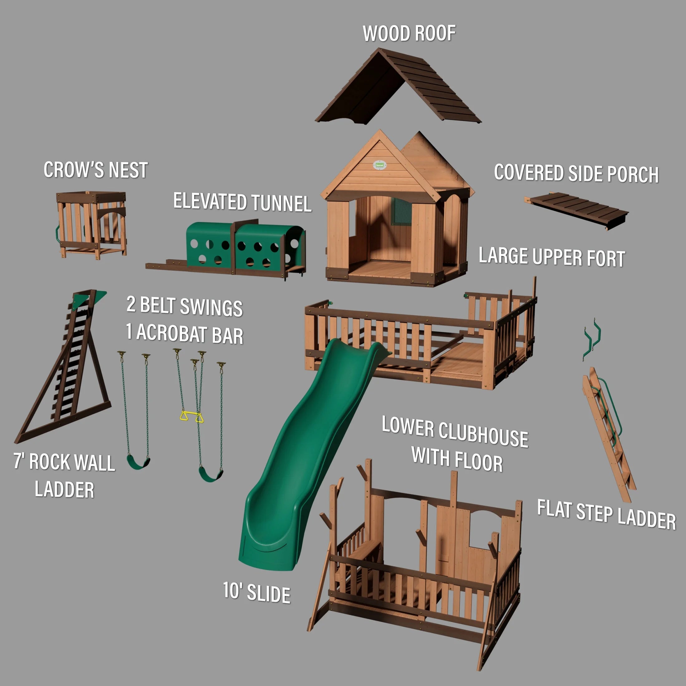 Woodridge Elite Cedar Wood Swing Set, Slide, Clubhouse, Crawl Tunnel