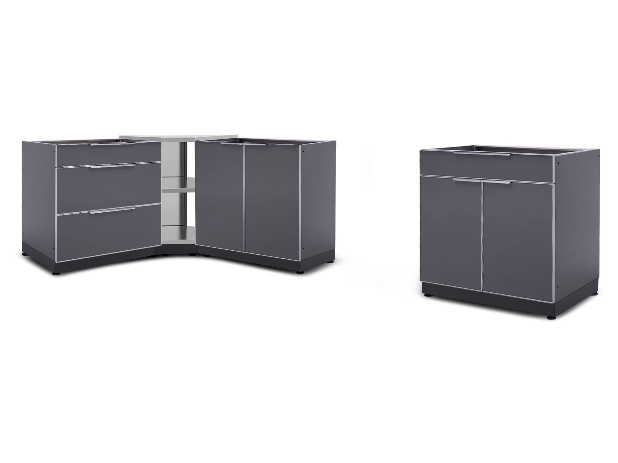 Newage Products Outdoor Kitchen Aluminum 4 Piece Cabinet Set with Corner Shelf, 2-Door, 3-Drawer and Bar Cabinet