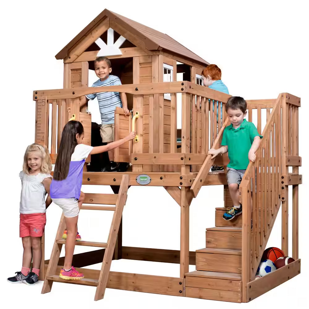 Scenic Heights Indoor Outdoor All Cedar Wooden Elevated Kids Playhouse W/ Clubhouse, Ladder, Staircase, and Play Kitchen