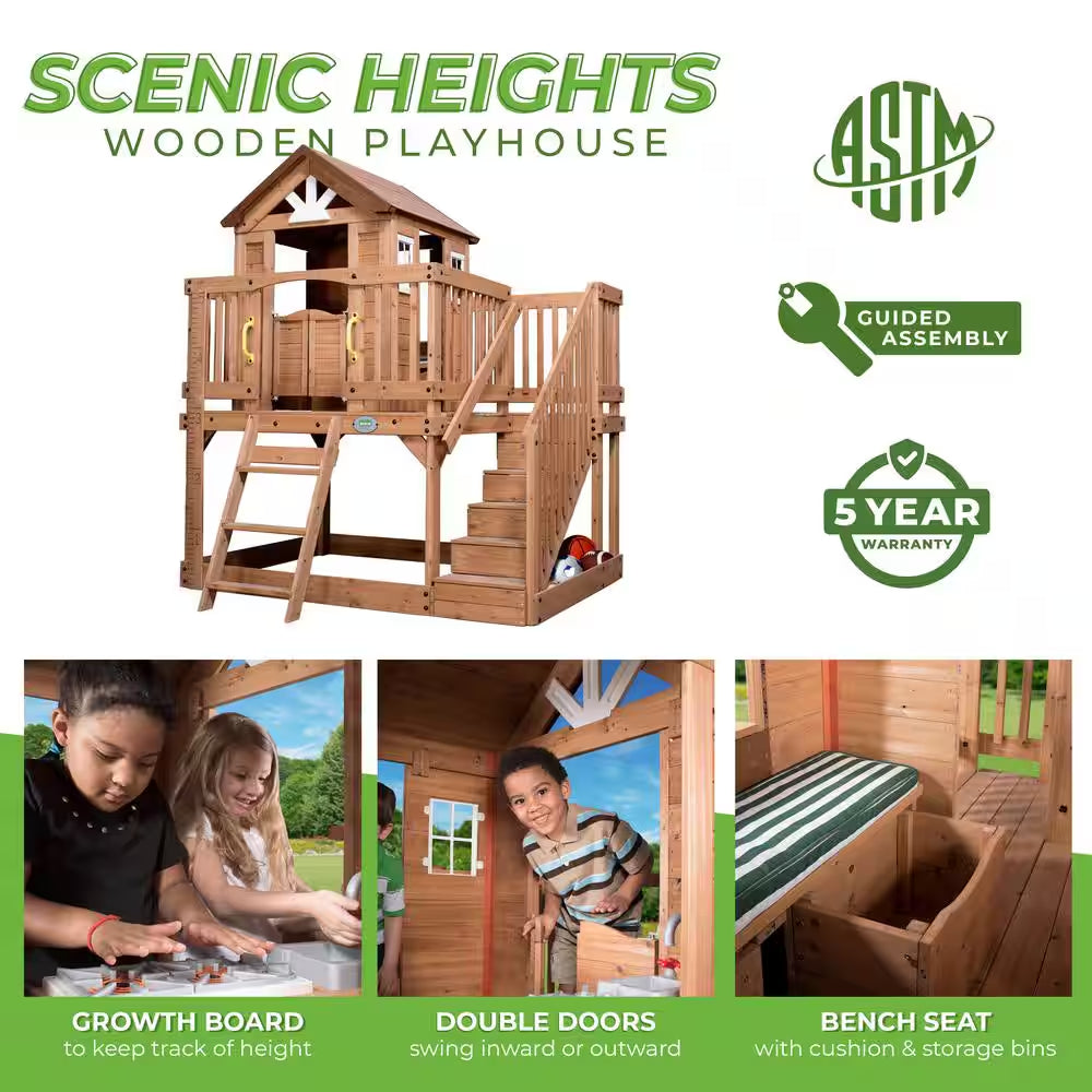 Scenic Heights Indoor Outdoor All Cedar Wooden Elevated Kids Playhouse W/ Clubhouse, Ladder, Staircase, and Play Kitchen