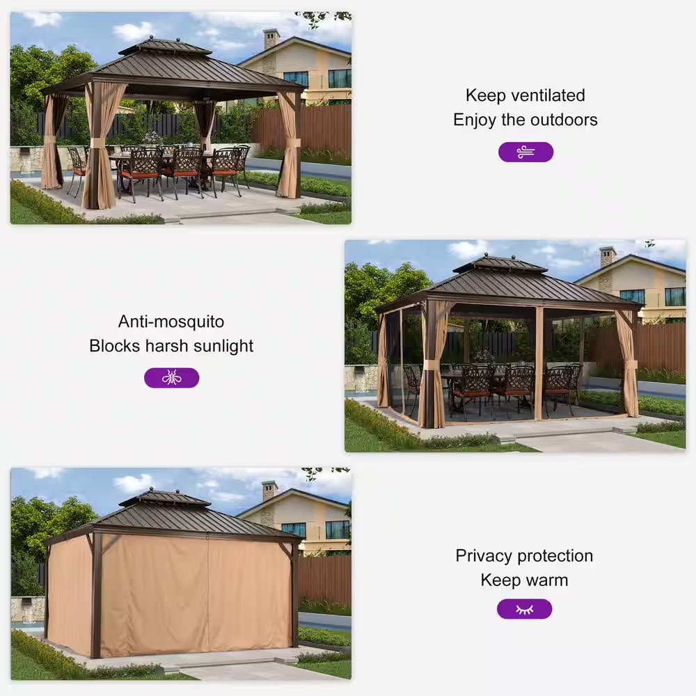 11 Ft.X 13 Ft.Bronze Aluminum Power-Coated Frame Galvanized Steel Double Roof Hardtop Gazebo,Hooks,Netting,Khaki Curtain
