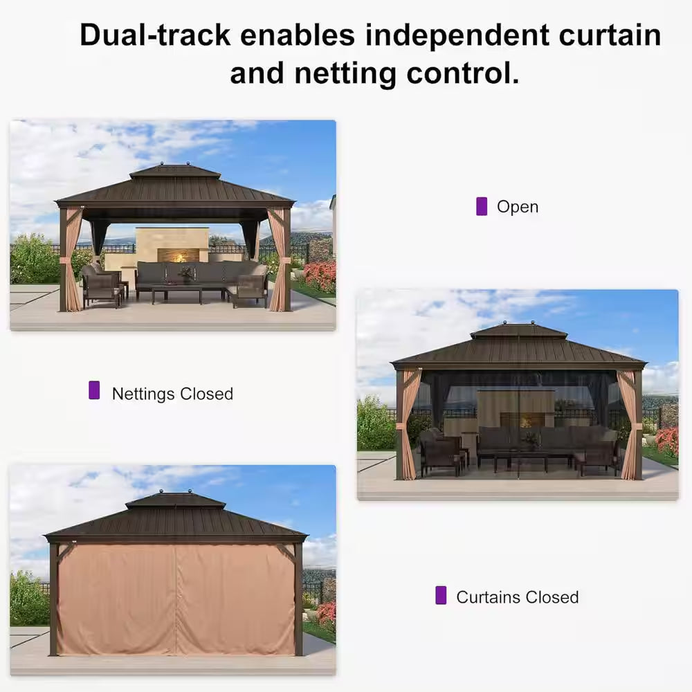 13 Ft.X 15 Ft.Bronze Aluminum Power-Coated Frame Galvanized Steel Double Roof Hardtop Gazebo,Hooks,Netting,Khaki Curtain