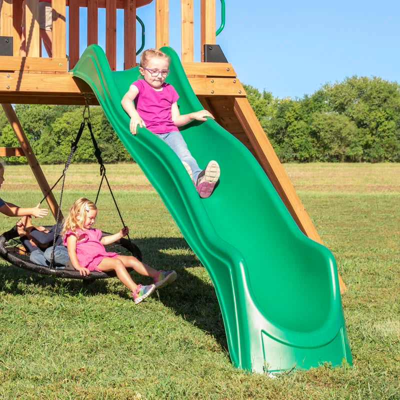 Endeavor Cedar Wood Swing Set with Wave Slide, Play Deck, Double Rock Wall, and Rope Ladder