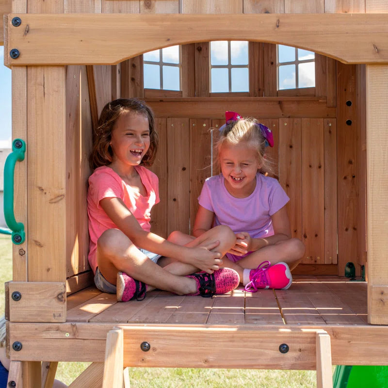 Montpelier Cedar Wood Swing Set with Wave Slide, Clubhouse, Monkey Bars, and Picnic Area