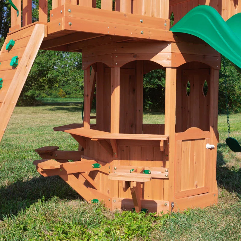 Woodland Cedar Wood Swing Set with Wave Slide, Clubhouse, Rock Wall, and Snack Bar Station