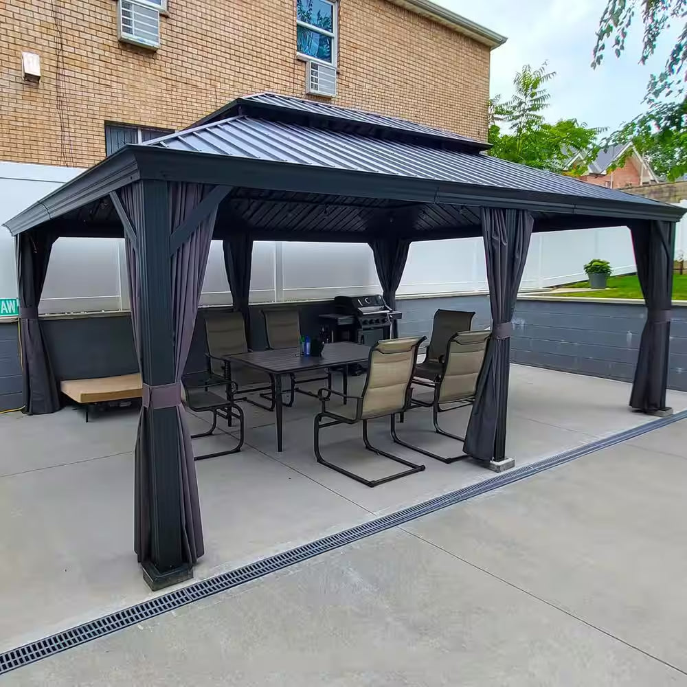 13 Ft. X 20 Ft. Gray Aluminum Power-Coated Frame Galvanized Steel Double Roof Hardtop Gazebo,Hooks, Netting,Gray Curtain
