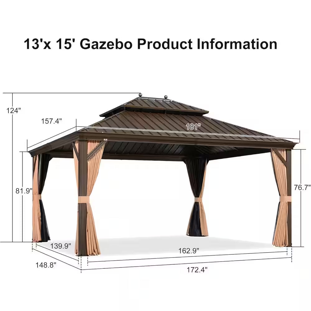 13 Ft.X 15 Ft.Bronze Aluminum Power-Coated Frame Galvanized Steel Double Roof Hardtop Gazebo,Hooks,Netting,Khaki Curtain