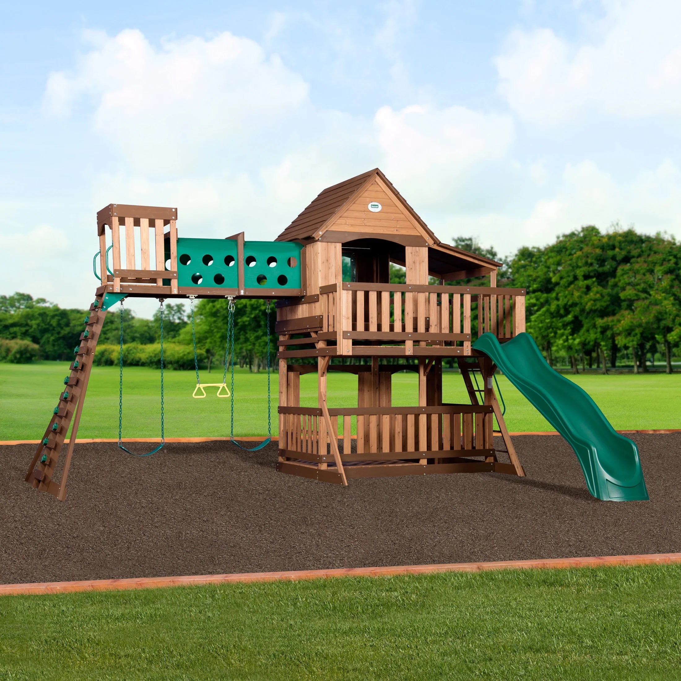 Woodridge Elite Cedar Wood Swing Set, Slide, Clubhouse, Crawl Tunnel