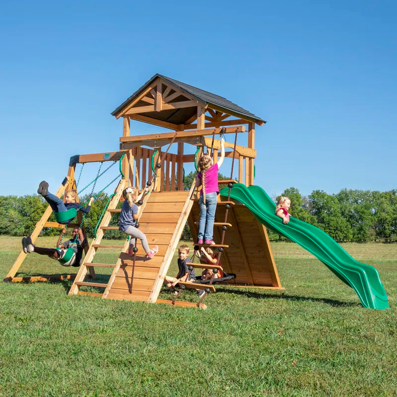 Endeavor Cedar Wood Swing Set with Wave Slide, Play Deck, Double Rock Wall, and Rope Ladder