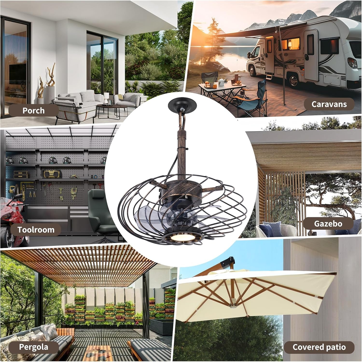 15" Outdoor Ceiling Fan with Light, Waterproof Gazebo Fan Remote Control, Dimmab