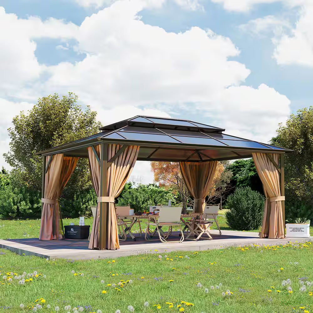 16 Ft. X 12 Ft. Polycarbonate Double Roof Patio Gazebo with Ceiling Hook, Mosquito Nets and Curtains