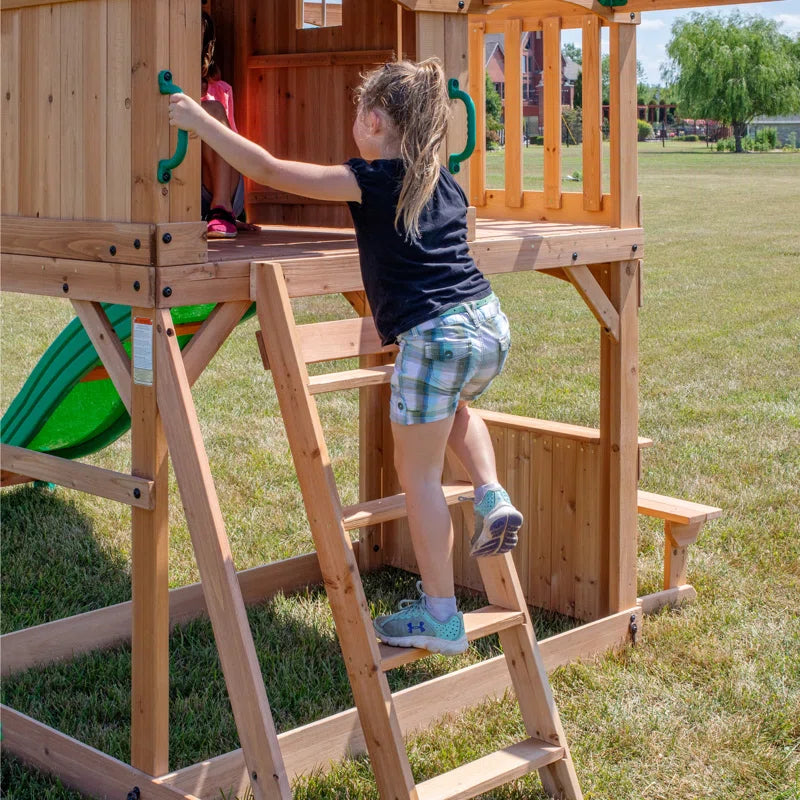 Montpelier Cedar Wood Swing Set with Wave Slide, Clubhouse, Monkey Bars, and Picnic Area