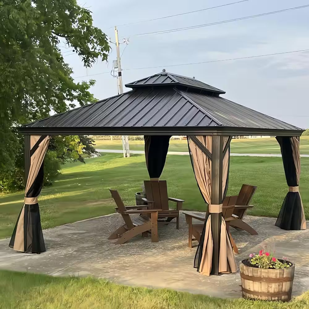 10 Ft. X 14 Ft. Bronze Patio Outdoor Gazebo for Backyard Hardtop Aluminum Frame Hooks Netting Khaki Curtain 24 Lights