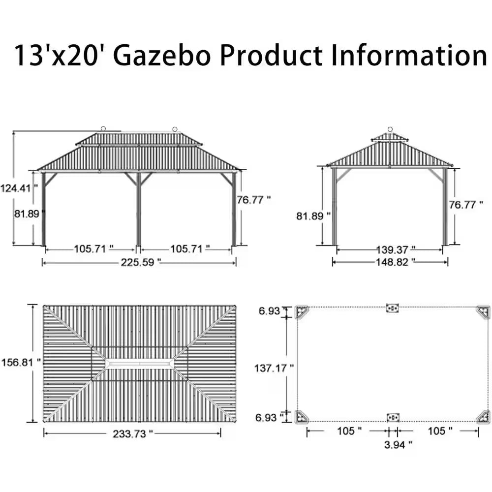 13 Ft.X 20 Ft.Bronze Patio Outdoor Gazebo for Backyard Hardtop Aluminum Frame with Hooks,Netting,Khaki Curtain,36 Lights