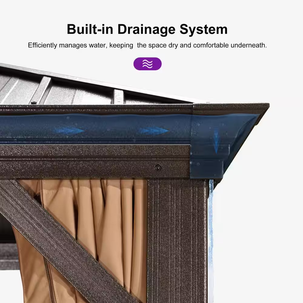 14 Ft.X 28 Ft.Bronze Aluminum Power-Coated Frame Galvanized Steel Double Roof Hardtop Gazebo,Hooks,Netting,Khaki Curtain