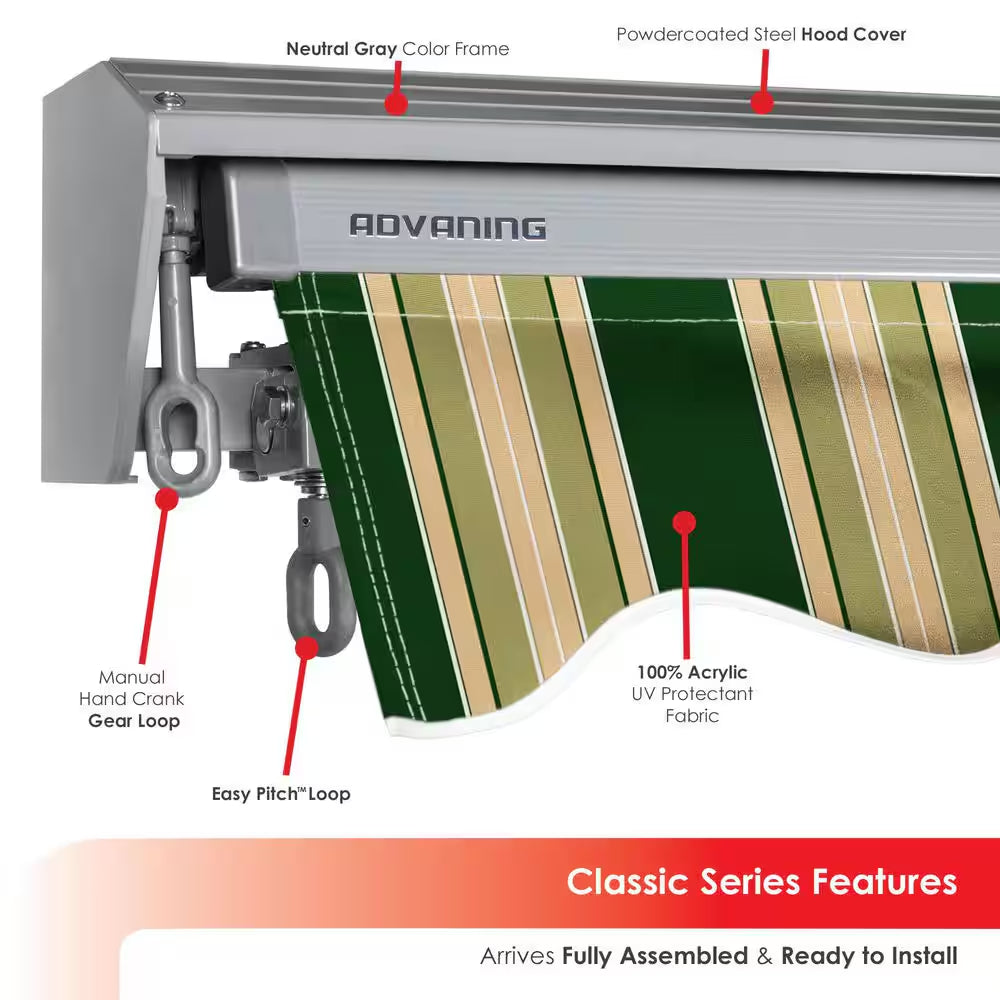 12 Ft. Classic Series Semi-Cassette Electric W/ Remote Retractable Patio Awning, Green Beige Stripes (10 Ft Projection)