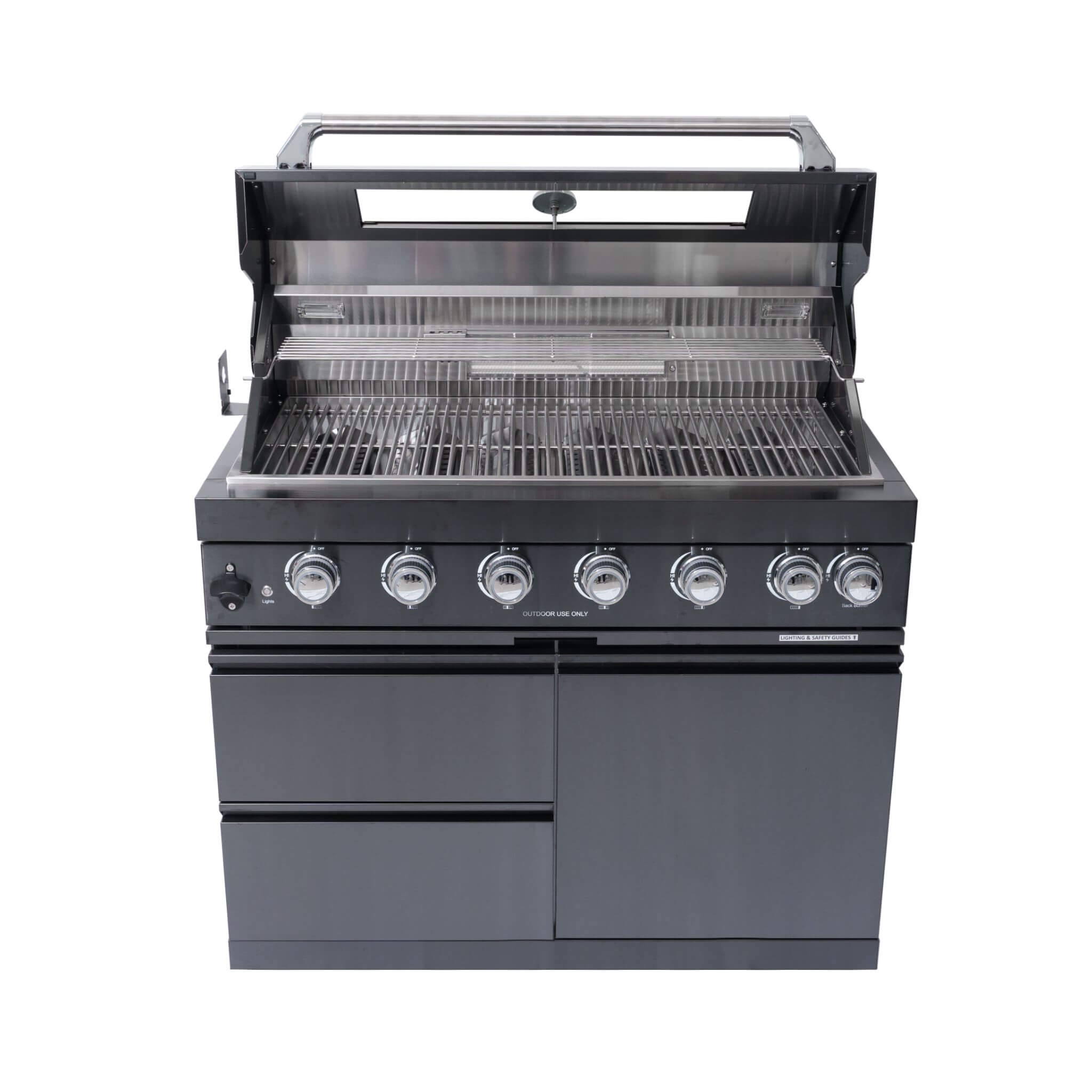 Castelle Flame Premium Black Stainless Steel 6-Burner Gas Grill Kitchen Island With Rotisserie Kit (SAK82641)