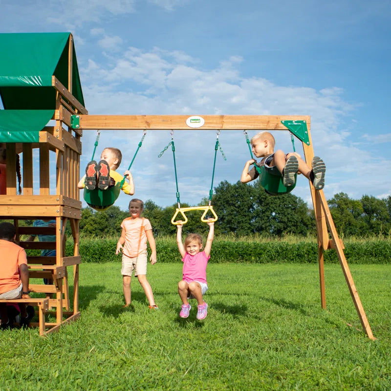 Belmont Cedar Wood Swing Set with Wave Slide, Play Deck, Rock Wall Ladder, and Snack Bar Window
