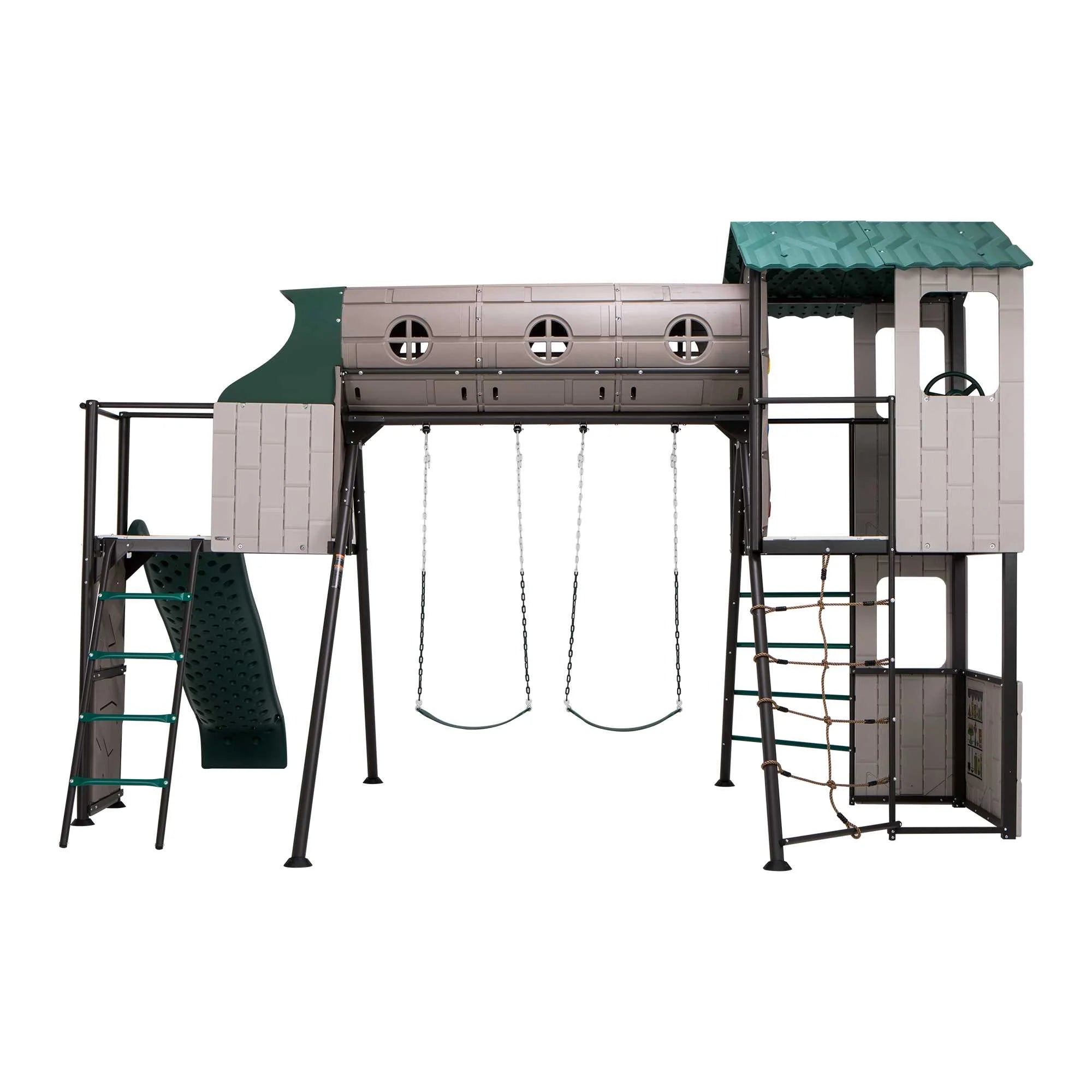 Kid'S Adventure Tunnel Swing Set with Clubhouse, Belt Swings and Climbing Wall (91134)