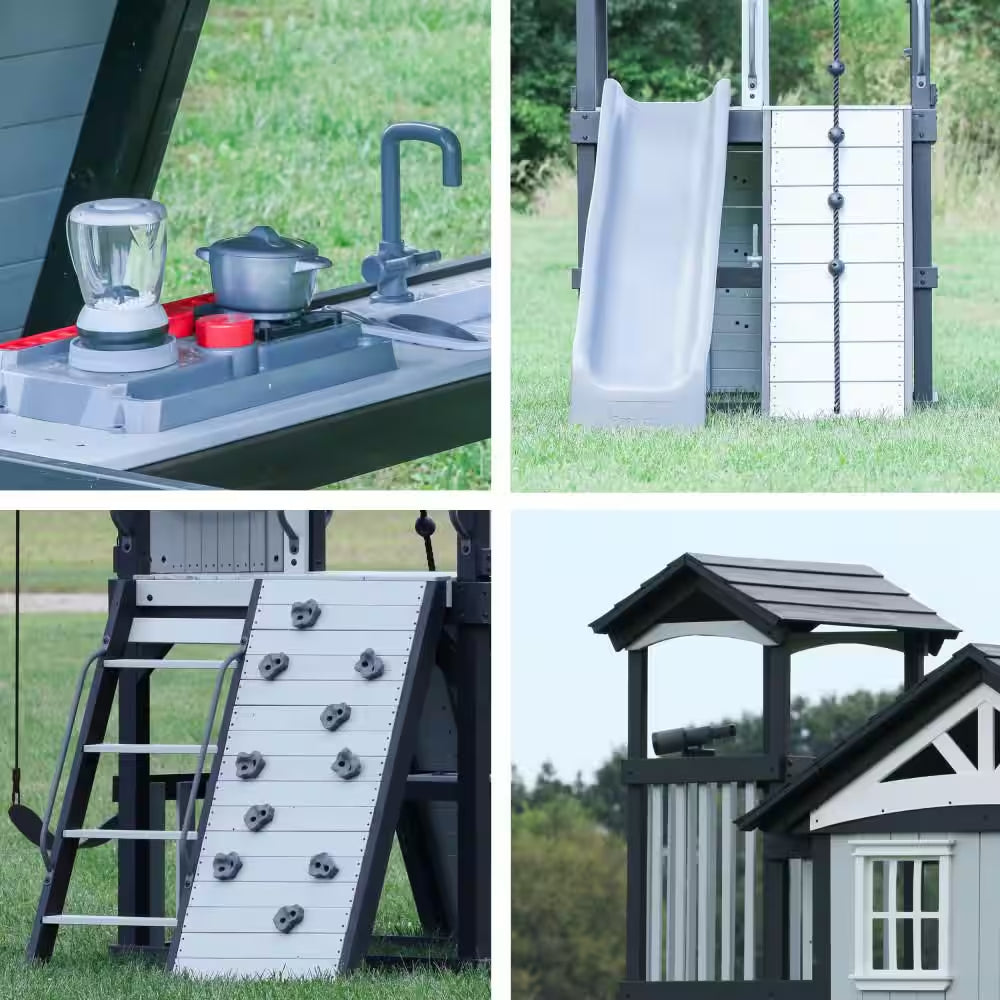 Whispering Point Outdoor Playground Set W/ Upper Clubhouse, Web Swing, Rock Wall, Swing Set, and Playset Kitchen