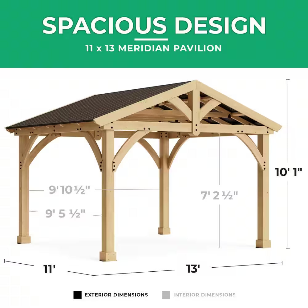 DIY Carolina 11 Ft. X 13 Ft. Cedar Wood Outdoor Gazebo Kit with Hardtop Metal Roof - Permanent Covered Patio Shade