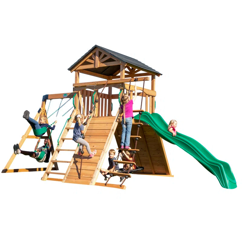 Endeavor Cedar Wood Swing Set with Wave Slide, Play Deck, Double Rock Wall, and Rope Ladder